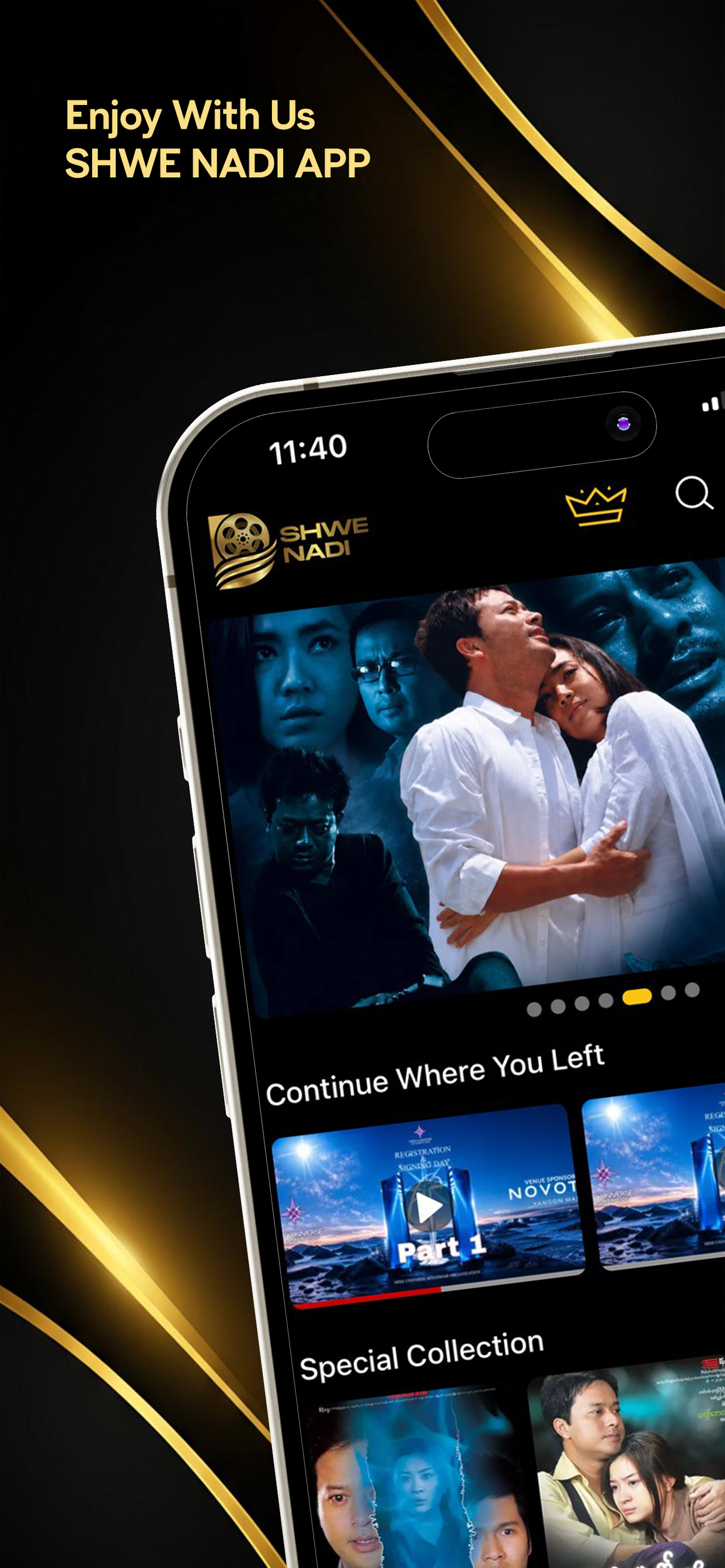 Shwe Nadi app home screen with featured content
