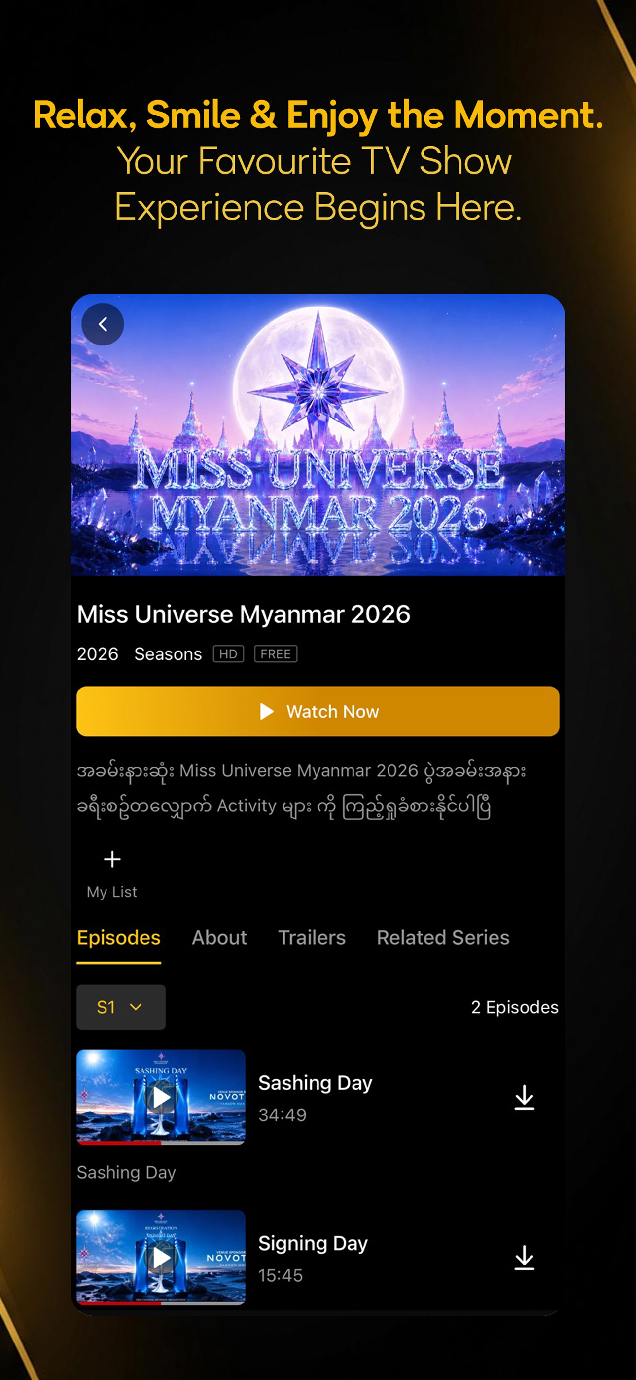 Miss Universe Myanmar show details in Shwe Nadi app